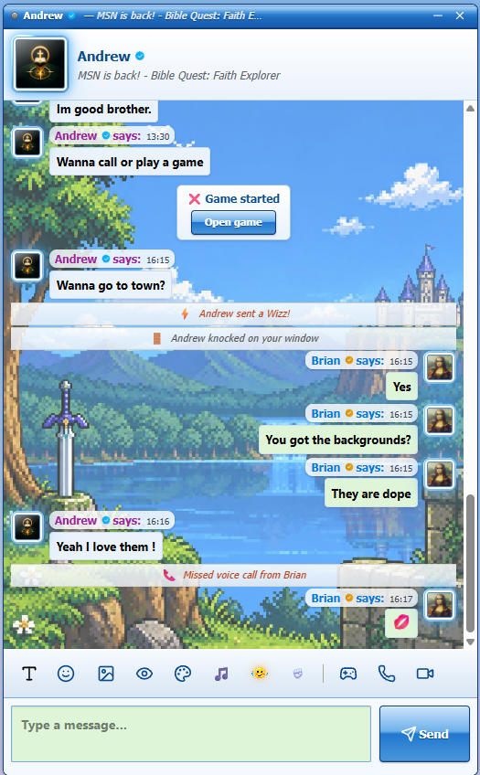 Messenger Classic chat window between Andrew and Brian, showing Wizz, Knock, missed call notifications and a pixel-art lake background.
